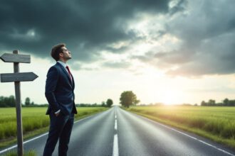 Ein nachdenklicher Mensch im Business-Outfit steht an einer Weggabelung zwischen dunkler Wolke und hellem Sonnenlicht – Symbol für Burnout-Prävention.
