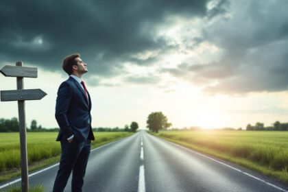 Ein nachdenklicher Mensch im Business-Outfit steht an einer Weggabelung zwischen dunkler Wolke und hellem Sonnenlicht – Symbol für Burnout-Prävention.