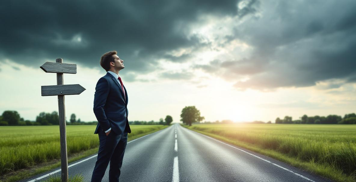 Ein nachdenklicher Mensch im Business-Outfit steht an einer Weggabelung zwischen dunkler Wolke und hellem Sonnenlicht – Symbol für Burnout-Prävention.
