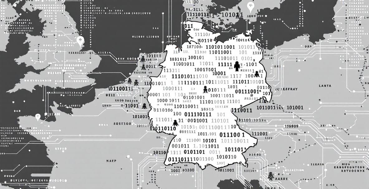 Illustration einer Deutschlandkarte mit digitalem Code und Hacker-Silhouetten als Symbol für aktuelle Cybercrime-Trends.