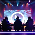 Deutsche Esport-Spieler an Computern während eines professionellen Turniers auf einer Bühne mit stimmungsvoller Beleuchtung.