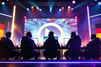 Deutsche Esport-Spieler an Computern während eines professionellen Turniers auf einer Bühne mit stimmungsvoller Beleuchtung.