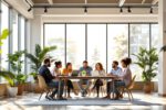 Freundliche Gesprächsszene im Büro, diverse Mitarbeitende mit Fokus auf psychische Gesundheit und harmonische Atmosphäre.