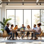 Freundliche Gesprächsszene im Büro, diverse Mitarbeitende mit Fokus auf psychische Gesundheit und harmonische Atmosphäre.