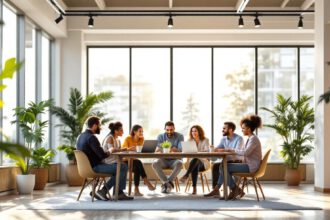 Freundliche Gesprächsszene im Büro, diverse Mitarbeitende mit Fokus auf psychische Gesundheit und harmonische Atmosphäre.