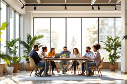 Freundliche Gesprächsszene im Büro, diverse Mitarbeitende mit Fokus auf psychische Gesundheit und harmonische Atmosphäre.