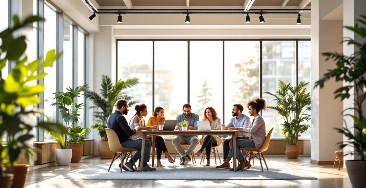 Freundliche Gesprächsszene im Büro, diverse Mitarbeitende mit Fokus auf psychische Gesundheit und harmonische Atmosphäre.