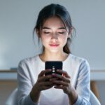 Jugendlicher sitzt mit Smartphone in nachdenklicher Stimmung, umgeben von Social-Media-Symbolen.