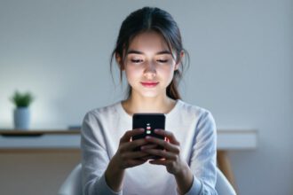 Jugendlicher sitzt mit Smartphone in nachdenklicher Stimmung, umgeben von Social-Media-Symbolen.