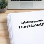 Ein ordentlicher Schreibtisch mit Steuerunterlagen, Laptop und Taschenrechner als Symbol für die Steuererklärung von Selbstständigen in Deutschland.