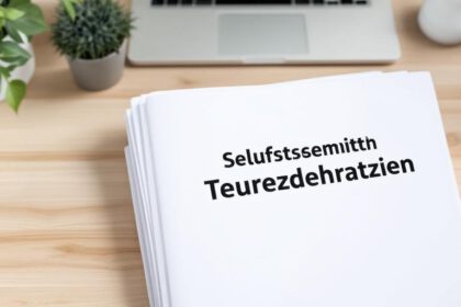 Ein ordentlicher Schreibtisch mit Steuerunterlagen, Laptop und Taschenrechner als Symbol für die Steuererklärung von Selbstständigen in Deutschland.