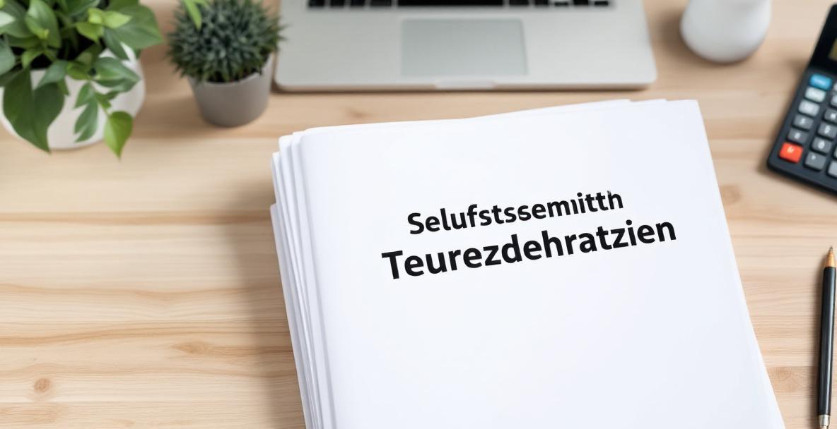Ein ordentlicher Schreibtisch mit Steuerunterlagen, Laptop und Taschenrechner als Symbol für die Steuererklärung von Selbstständigen in Deutschland.