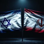 Dramatische Darstellung der israelischen und iranischen Flagge, die einander gegenüberstehen und auf den politischen Konflikt hinweisen.