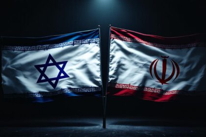 Dramatische Darstellung der israelischen und iranischen Flagge, die einander gegenüberstehen und auf den politischen Konflikt hinweisen.