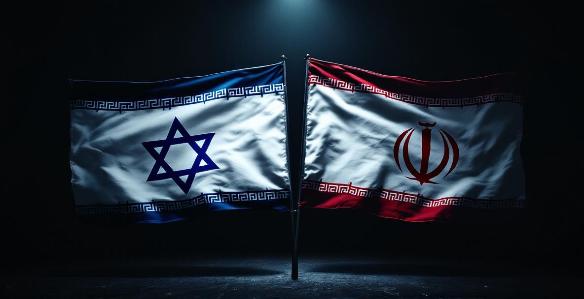 Dramatische Darstellung der israelischen und iranischen Flagge, die einander gegenüberstehen und auf den politischen Konflikt hinweisen.