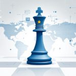 Symbolisches Bild von Europa als Schachfigur zwischen China und den USA mit Weltkarte und Technologien.