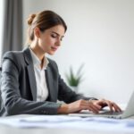 Person arbeitet im modernen Homeoffice am Schreibtisch mit Steuerunterlagen für 2025