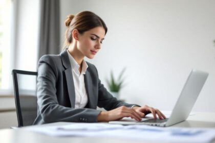 Person arbeitet im modernen Homeoffice am Schreibtisch mit Steuerunterlagen für 2025