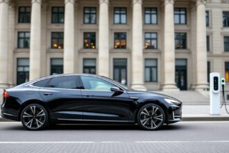 Ein Elektroauto vor einem deutschen Behördengebäude mit Steuervordrucken und Ladestation