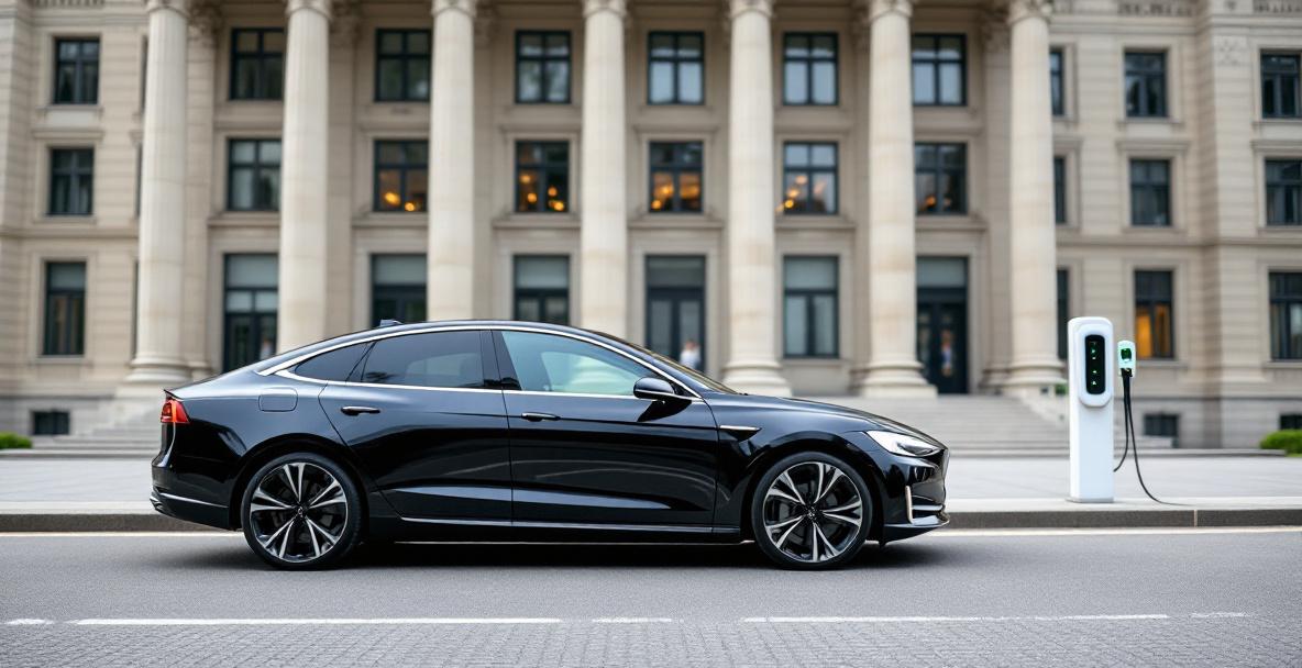 Ein Elektroauto vor einem deutschen Behördengebäude mit Steuervordrucken und Ladestation