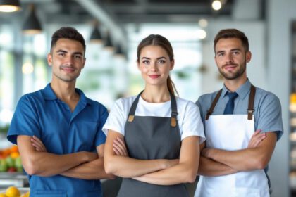 Gruppe von Arbeitnehmern in Deutschland aus dem Niedriglohnsektor, darunter Reinigungskraft, Kassiererin und Servicekraft, in urbaner Umgebung.