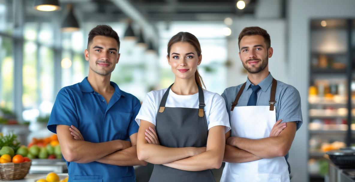 Gruppe von Arbeitnehmern in Deutschland aus dem Niedriglohnsektor, darunter Reinigungskraft, Kassiererin und Servicekraft, in urbaner Umgebung.