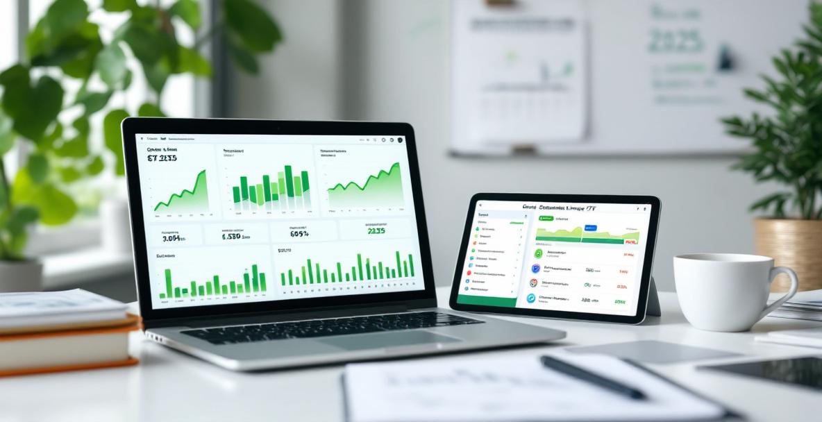 Grüne Finanzcharts und erneuerbare Energien symbolisieren nachhaltige ETFs 2025.