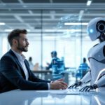 Moderne Büroszene mit Menschen, die mit Künstlicher Intelligenz zusammenarbeiten