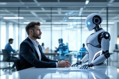 Moderne Büroszene mit Menschen, die mit Künstlicher Intelligenz zusammenarbeiten
