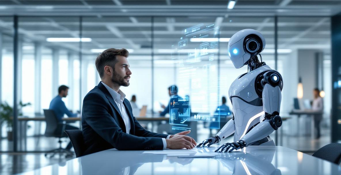 Moderne Büroszene mit Menschen, die mit Künstlicher Intelligenz zusammenarbeiten