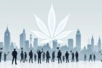 Symbolbild zur Cannabis-Legalisierung in Deutschland: Stadt, Cannabisblatt, Polizei, Wirtschaft und Menschen