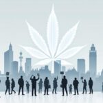 Symbolbild zur Cannabis-Legalisierung in Deutschland: Stadt, Cannabisblatt, Polizei, Wirtschaft und Menschen