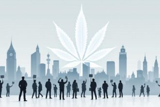 Symbolbild zur Cannabis-Legalisierung in Deutschland: Stadt, Cannabisblatt, Polizei, Wirtschaft und Menschen
