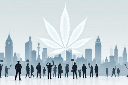 Symbolbild zur Cannabis-Legalisierung in Deutschland: Stadt, Cannabisblatt, Polizei, Wirtschaft und Menschen
