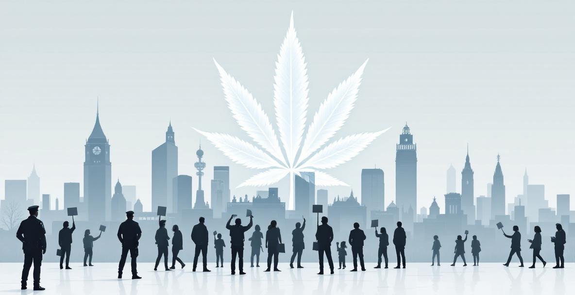 Symbolbild zur Cannabis-Legalisierung in Deutschland: Stadt, Cannabisblatt, Polizei, Wirtschaft und Menschen
