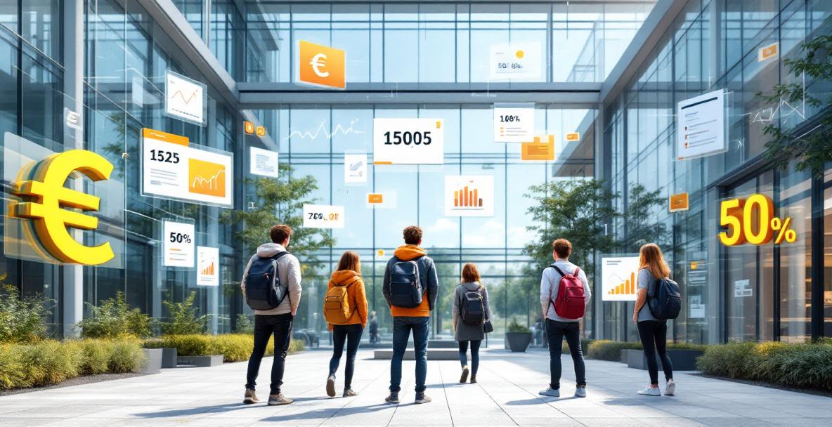 Studierende auf einem deutschen Campus betrachten Preisschilder und Finanzierungssymbole – Symbolbild zu Studienkosten 2025.