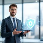 Businessperson mit Tablet und Schild-Symbol als Illustration für Cyberversicherung in Deutschland.