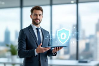 Businessperson mit Tablet und Schild-Symbol als Illustration für Cyberversicherung in Deutschland.