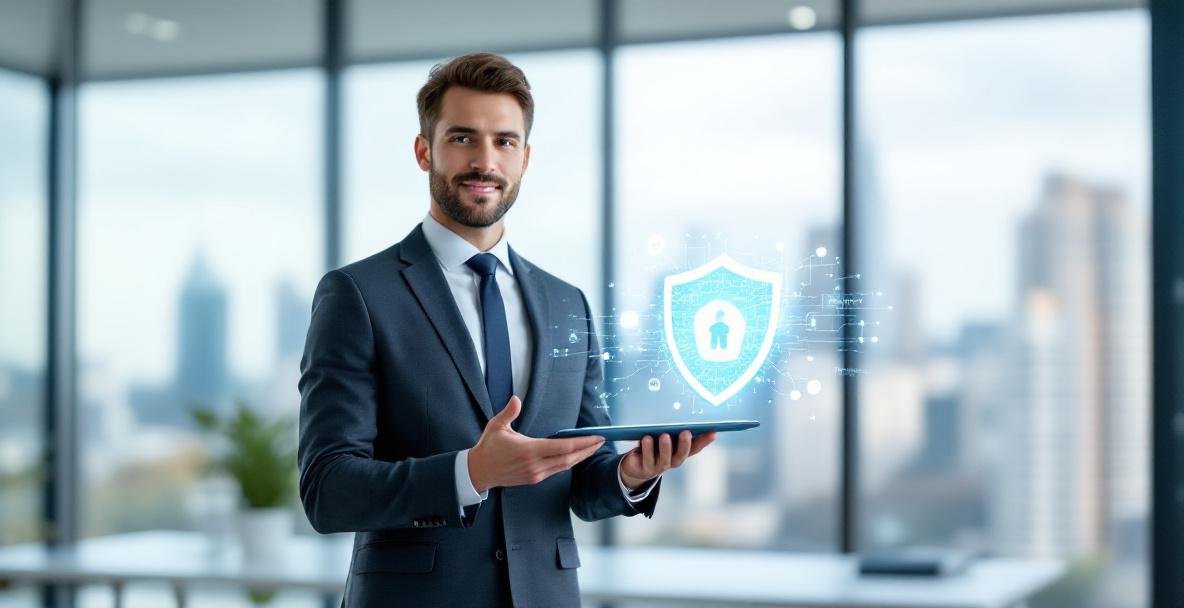 Businessperson mit Tablet und Schild-Symbol als Illustration für Cyberversicherung in Deutschland.