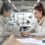 Digitaler Nomade arbeitet mit Laptop und Visa-Dokumenten in einem modernen deutschen Coworking Space.