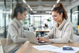 Digitaler Nomade arbeitet mit Laptop und Visa-Dokumenten in einem modernen deutschen Coworking Space.
