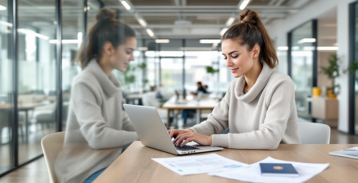 Digitaler Nomade arbeitet mit Laptop und Visa-Dokumenten in einem modernen deutschen Coworking Space.