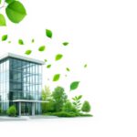 Ein modernes Bankgebäude mit grünen Blättern und Symbolen für Nachhaltigkeit in Deutschland.