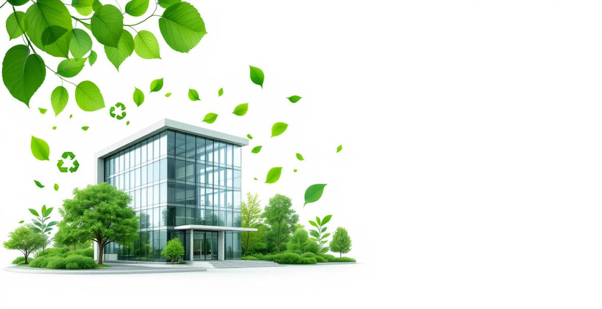 Ein modernes Bankgebäude mit grünen Blättern und Symbolen für Nachhaltigkeit in Deutschland.