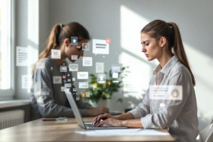 Frau sitzt besorgt vor Laptop mit bedrohlichen Nachrichten und eingeblendeten Rechtssymbolen – Symbolbild für Cyberbullying Gesetz in Deutschland.
