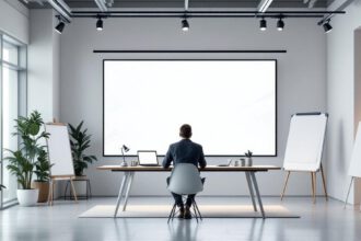 Modernes Werbestudio mit KI-generierten Anzeigen und traditioneller Produktionstechnik im Wandel