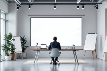 Modernes Werbestudio mit KI-generierten Anzeigen und traditioneller Produktionstechnik im Wandel