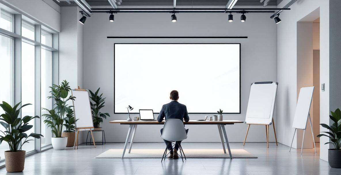 Modernes Werbestudio mit KI-generierten Anzeigen und traditioneller Produktionstechnik im Wandel