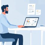 Illustration einer Person, die am Laptop ihre deutsche Rente online berechnet, mit deutschen Dokumenten und Finanzdiagrammen im Hintergrund.