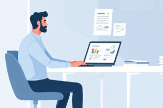 Illustration einer Person, die am Laptop ihre deutsche Rente online berechnet, mit deutschen Dokumenten und Finanzdiagrammen im Hintergrund.
